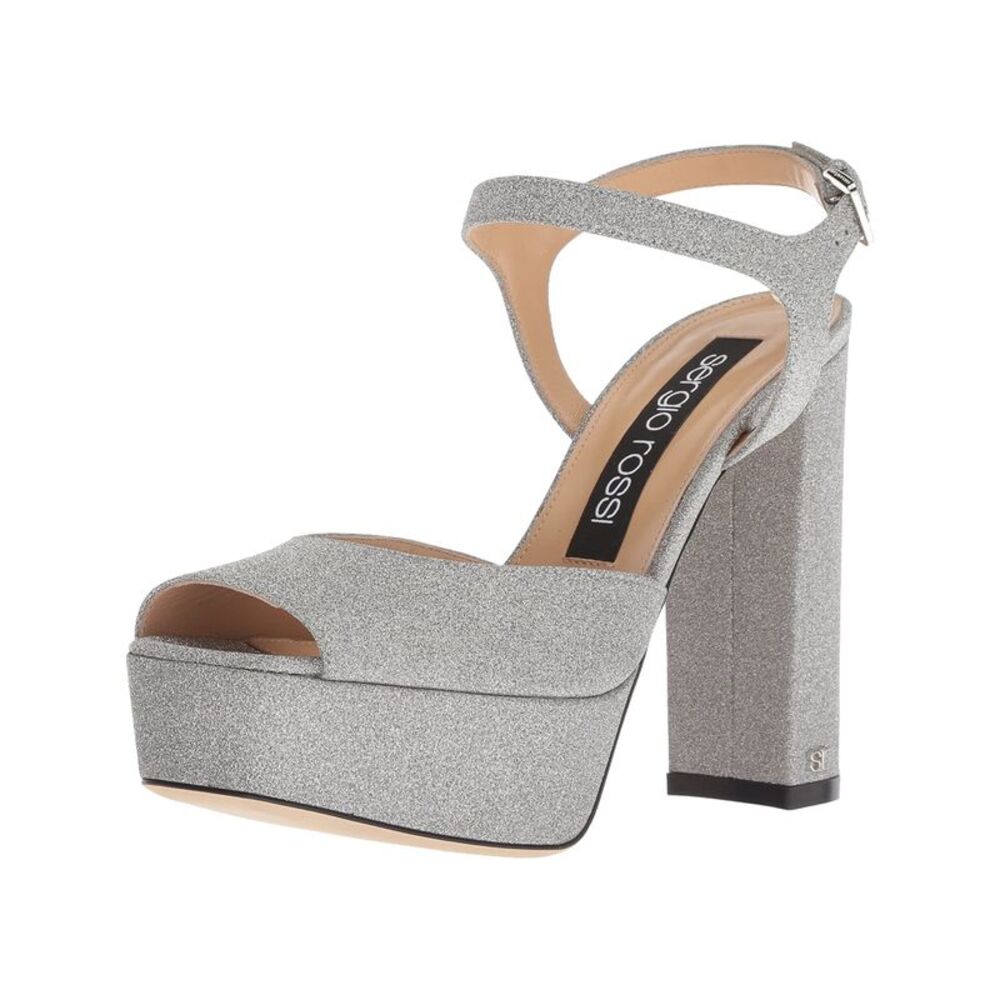 SERGIO ROSSI Womens Shiny Silver 1-1/2" Platform Scarpe Donna Sandals 37.5